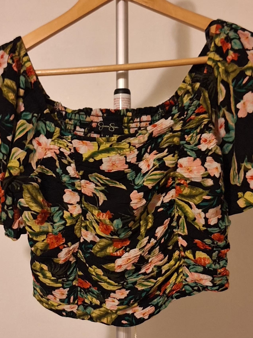 Jessica Simpson Black Floral Ruched Off-Shoulder Crop Top